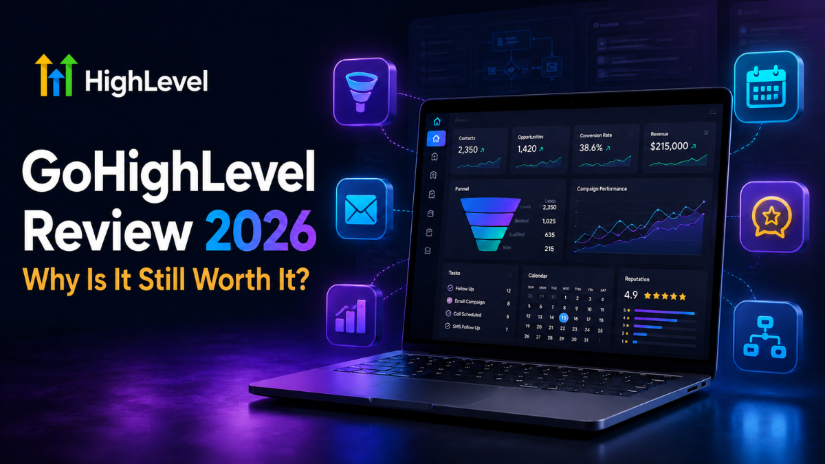 GoHighLevel Review 2026 showing the HighLevel CRM and marketing automation dashboard